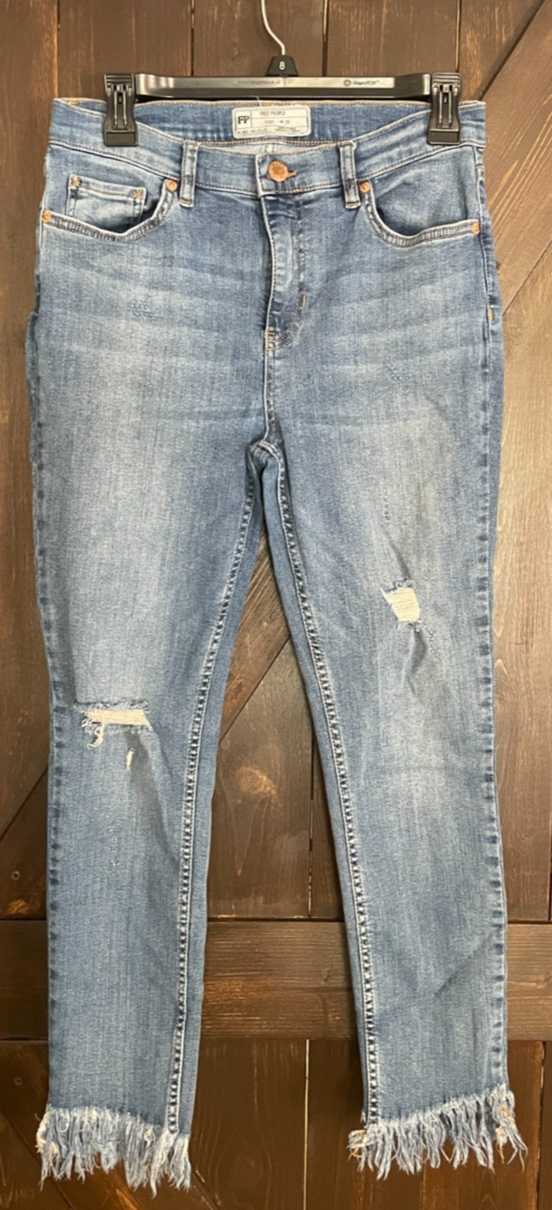 Free People Skinny Jeans Women Zip Fly High Waist Distressed Raw Hem Size 29